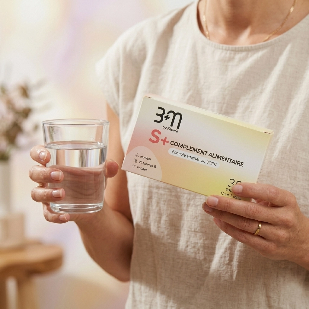 Femme tenant le complément alimentaire S+ avec un verre d'eau